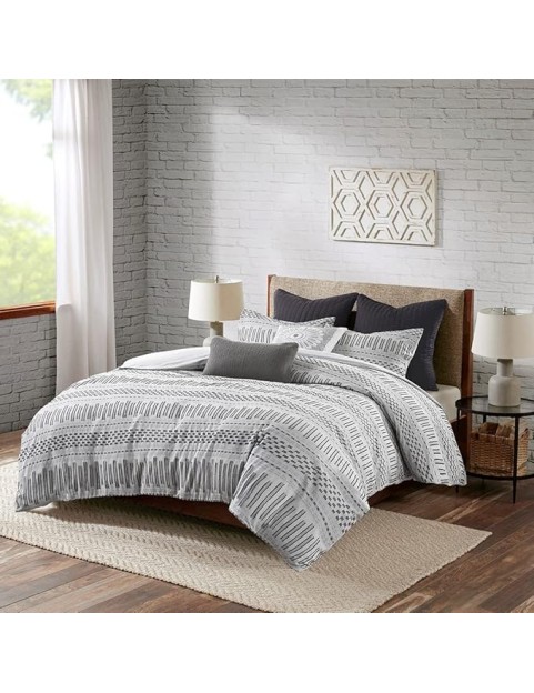 Upgrade Your Bedroom Decor with Cotton Comforter Mini Set, Farmhouse Style, Includes Comforter and Shams, Grey/Black for Full/Queen Bed
