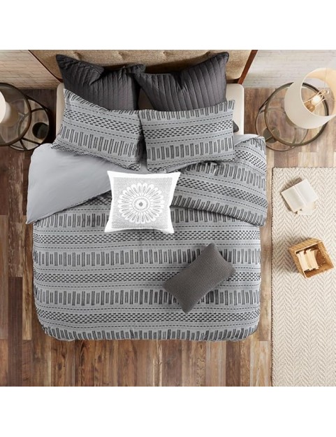 Upgrade Your Bedroom Decor with Cotton Comforter Mini Set, Farmhouse Style, Includes Comforter and Shams, Grey/Black for Full/Queen Bed