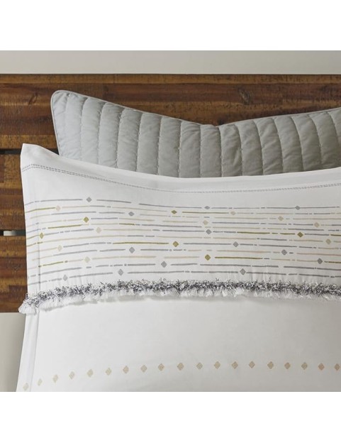 Cotton Printed Duvet Cover Set with Tassel Trims, Machine Washable, Includes Duvet Cover and 2 Shams, Full/Queen Size