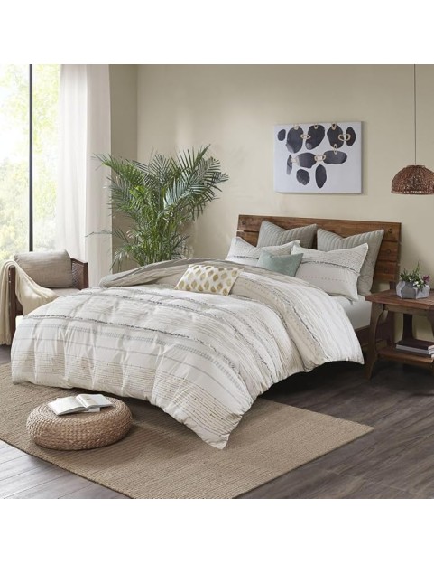 Stylish Cotton Printed Duvet Cover Set with Tassels and Stripes, Full/Queen Size, Modern Boho Design