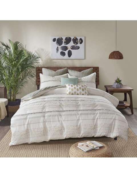 Stylish Cotton Printed Duvet Cover Set with Tassels and Stripes, Full/Queen Size, Modern Boho Design