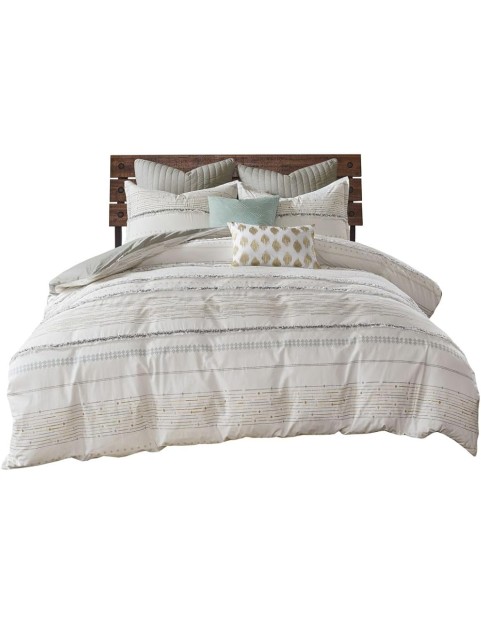 Stylish Cotton Printed Duvet Cover Set with Tassels and Stripes, Full/Queen Size, Modern Boho Design